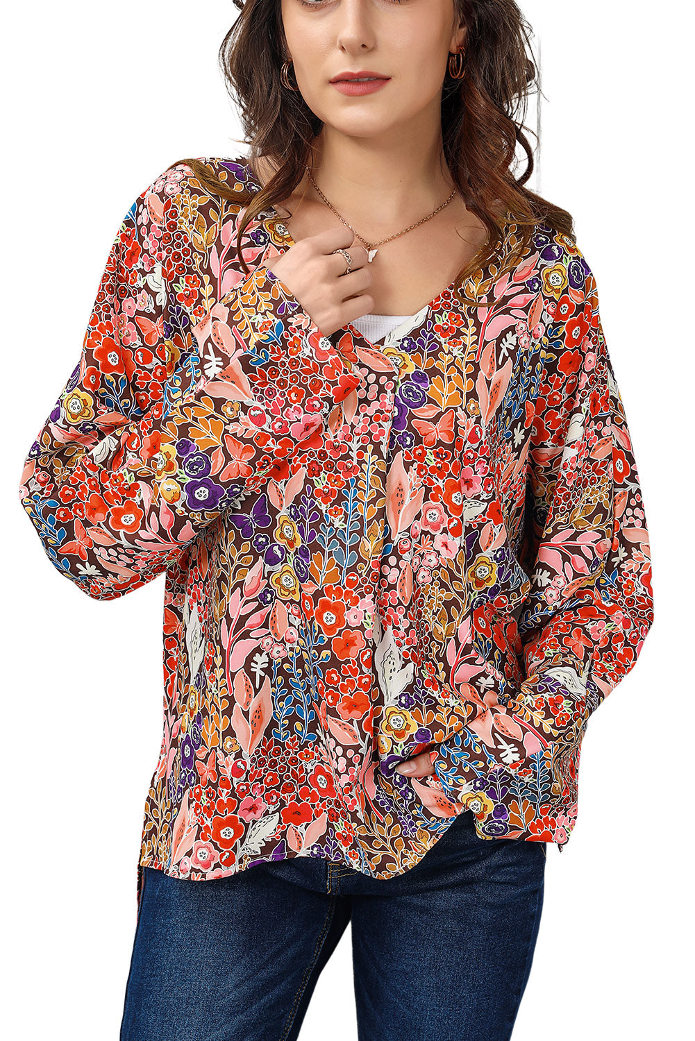 Double Take Woven Right Floral V-Neck Long Sleeve Blouse