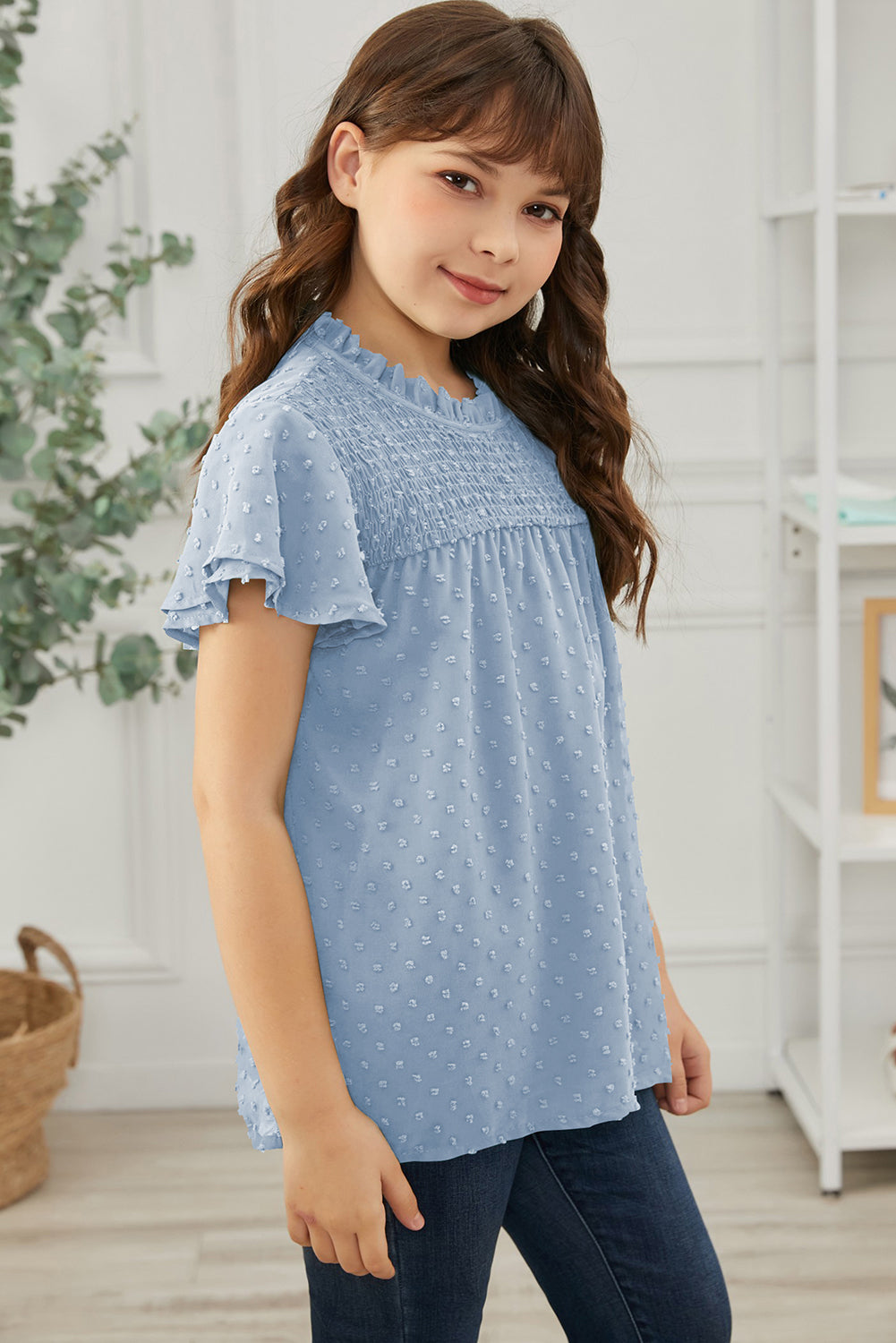 Girls Swiss Dot Smocked Flutter Sleeve Blouse