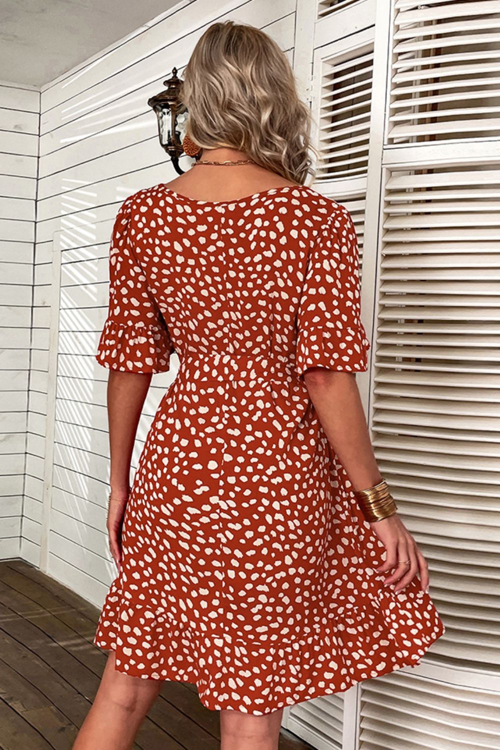 Printed Round Neck Flounce Sleeve Mini Dress