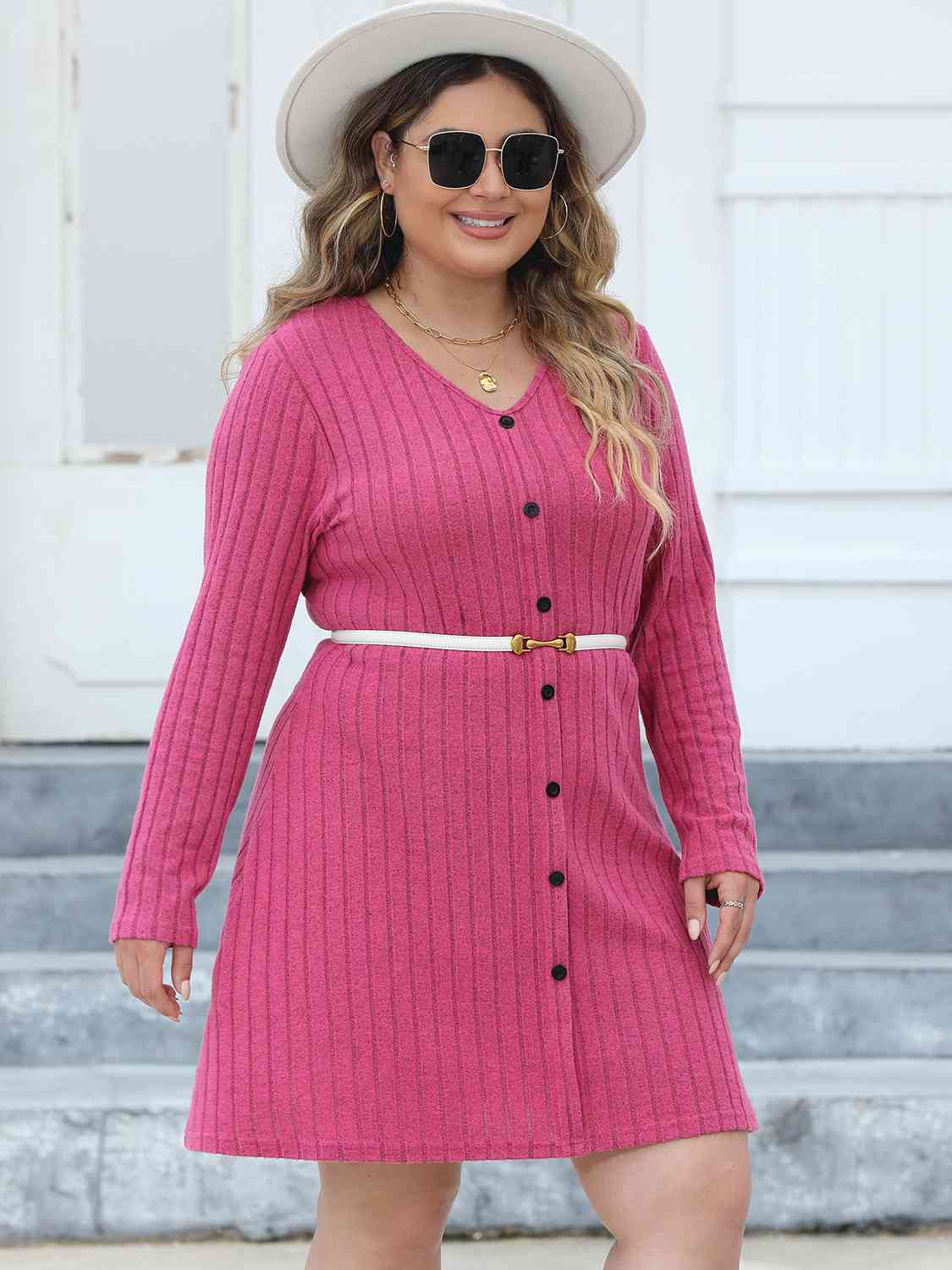 Plus Size Ribbed Buttoned V-Neck Long Sleeve Dress