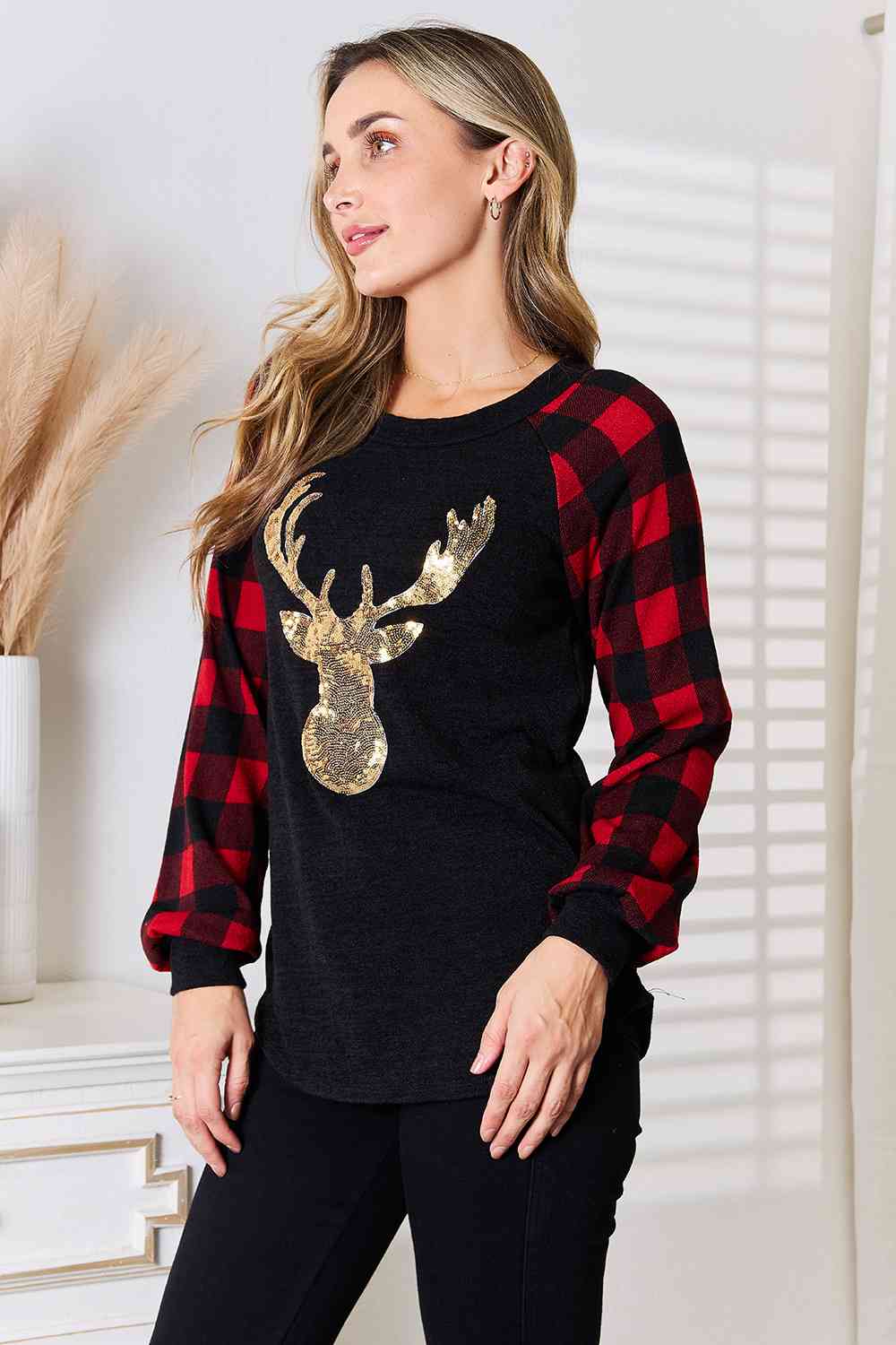 Heimish Full Size Sequin Reindeer Graphic Plaid Top