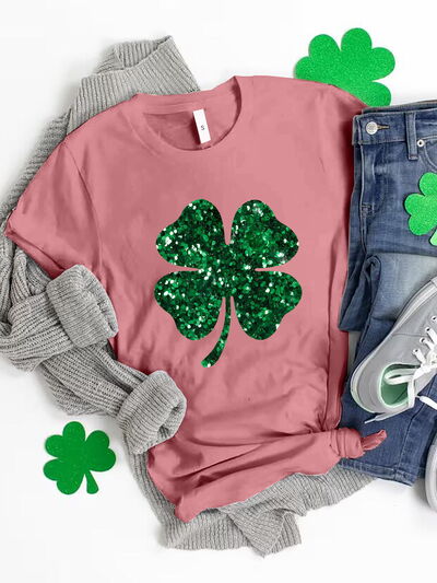 Sequin Lucky Clover Round Neck T-Shirt