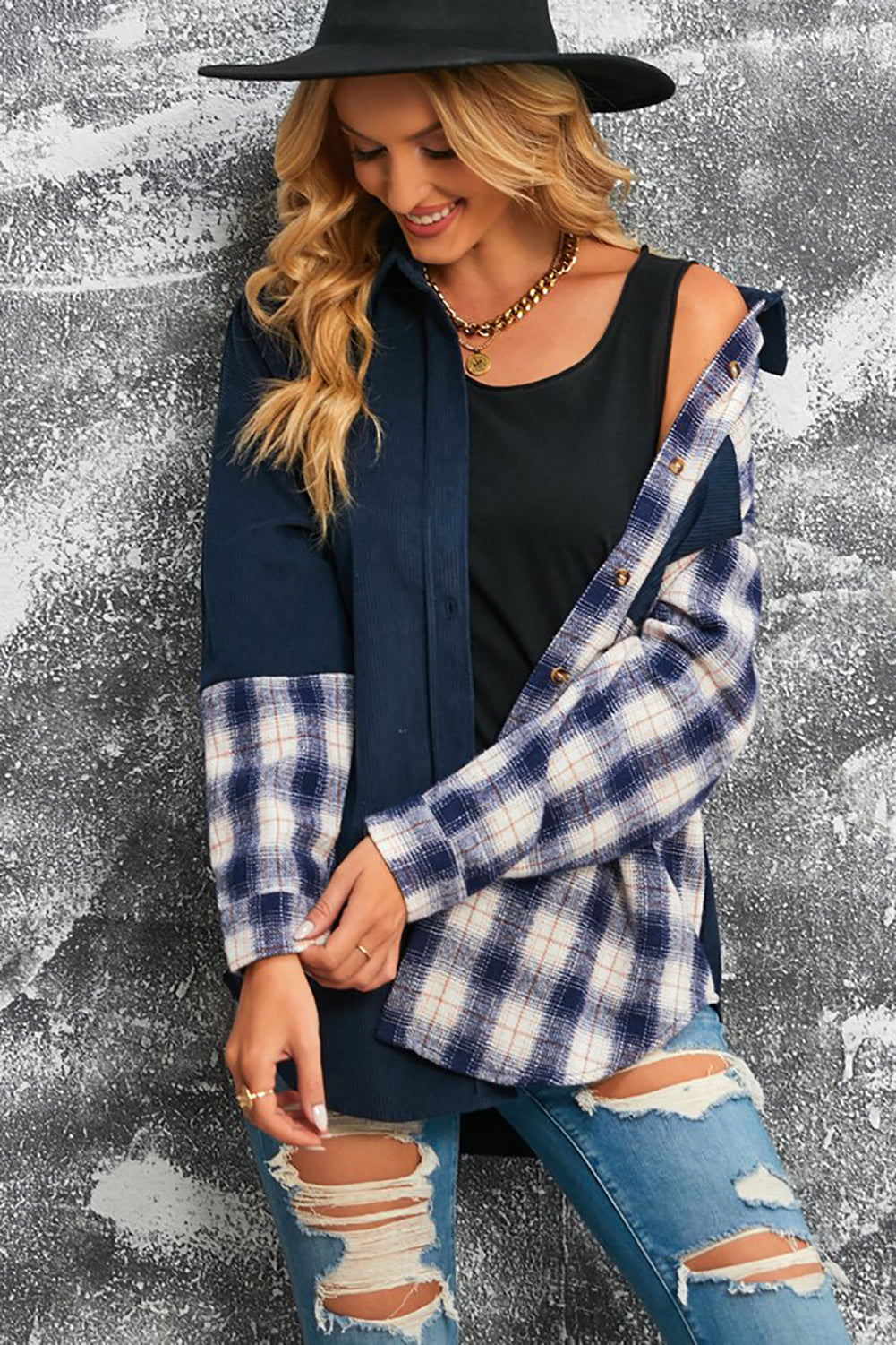 Double Take Plaid Color Block Dropped Shoulder Corduroy Shacket