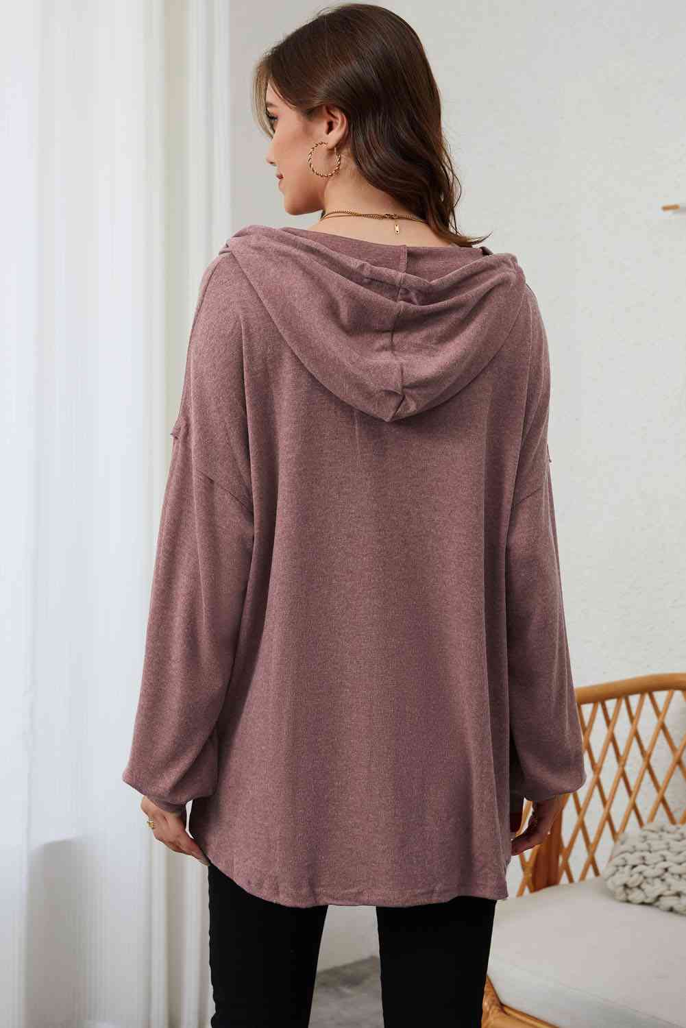 Full Size Buttoned Drop Shoulder High-Low Hoodie