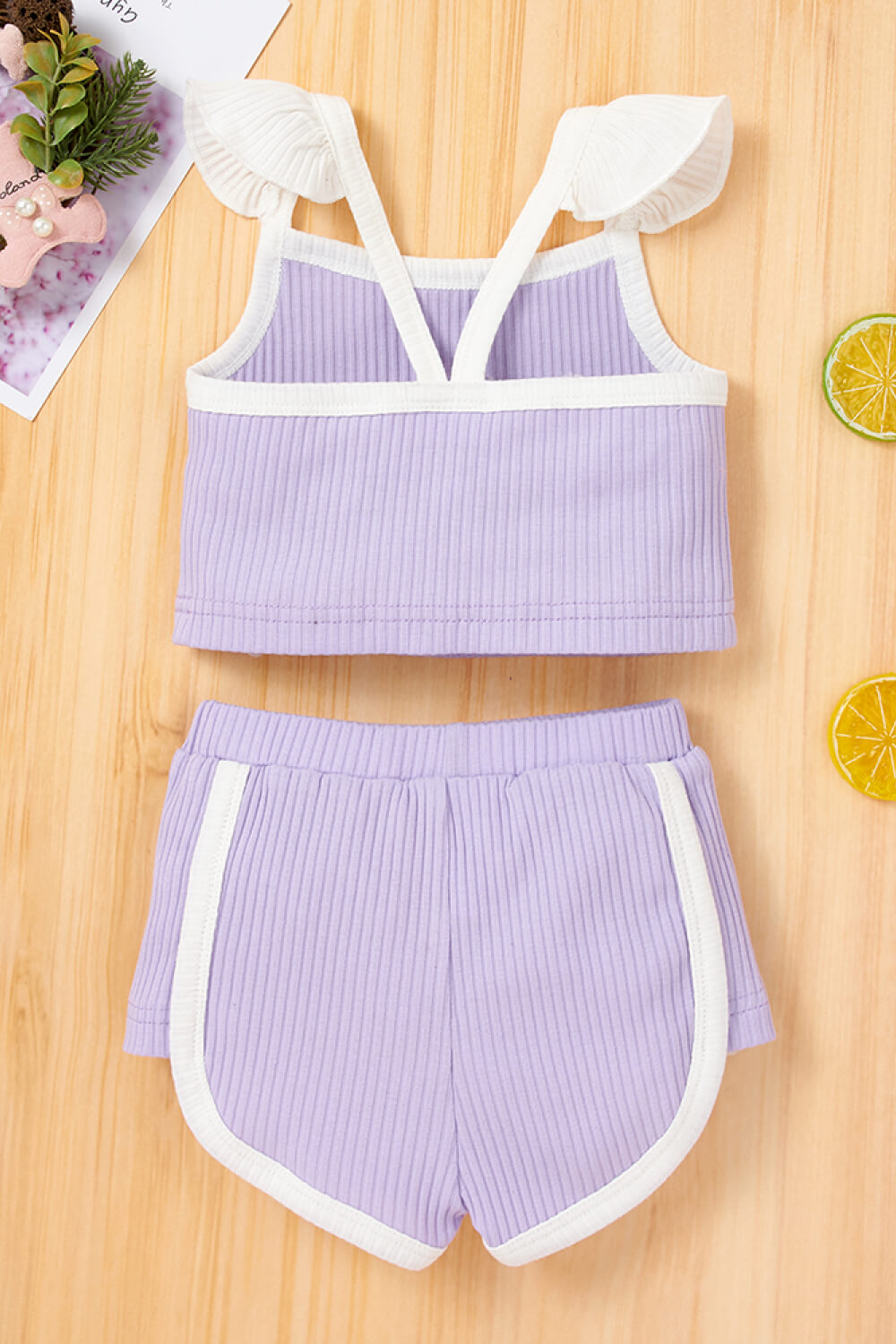 Baby Girl Contrast Trim Ribbed Cami and Shorts Set