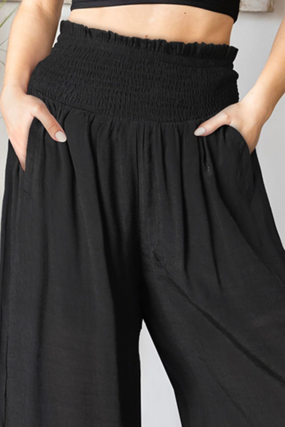 Smocked Waist Wide Leg Pants with Pockets