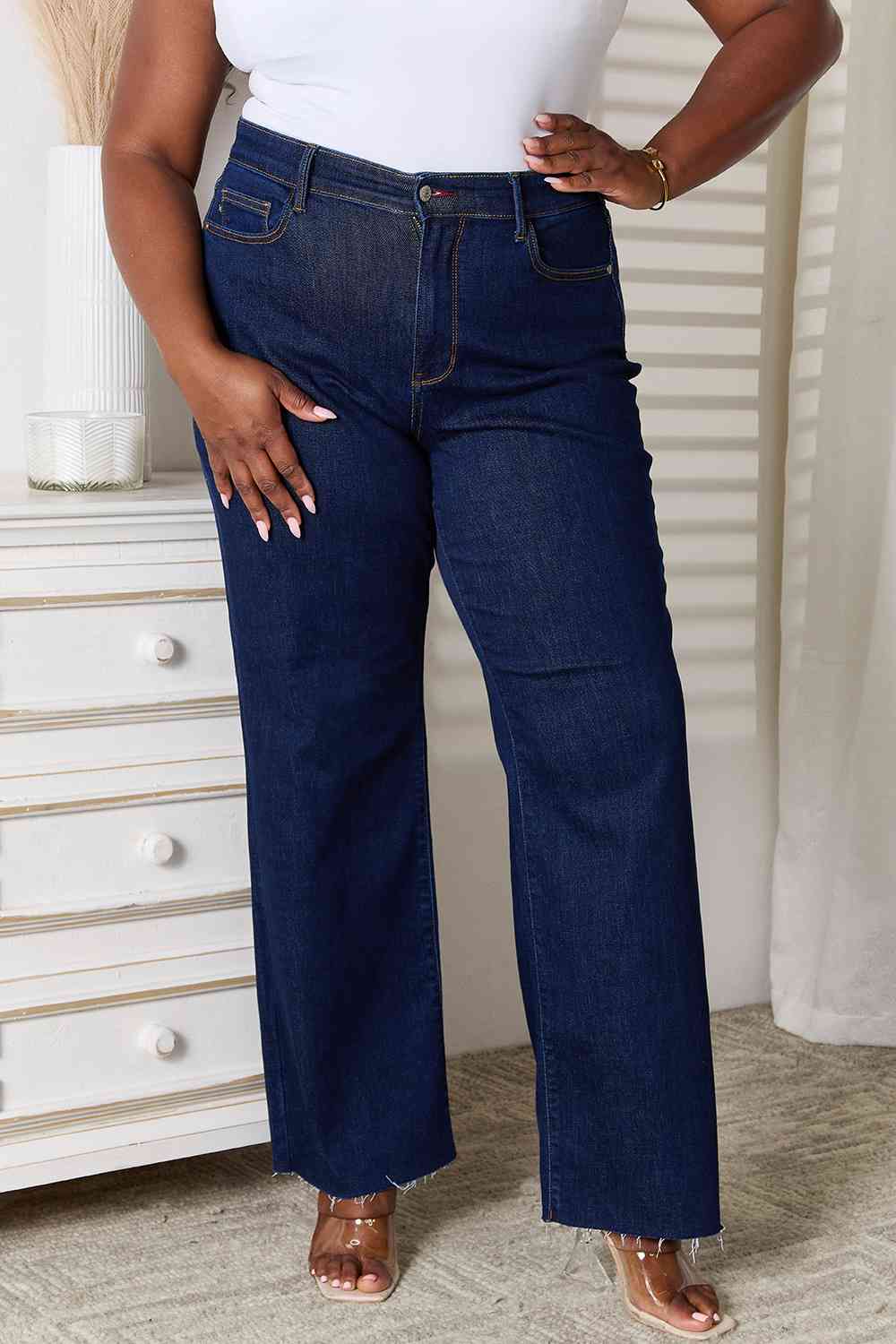 Judy Blue Full Size Raw Hem Straight Leg Jeans with Pockets The Teresa