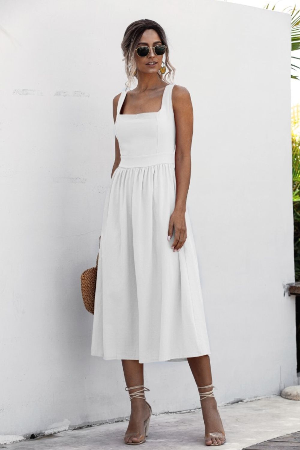 Square Neck Sleeveless Smocked Midi Dress