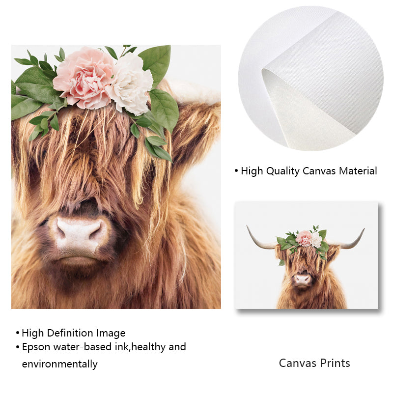 Highland Cows Canvas Painting Girl Art Nordic Poster