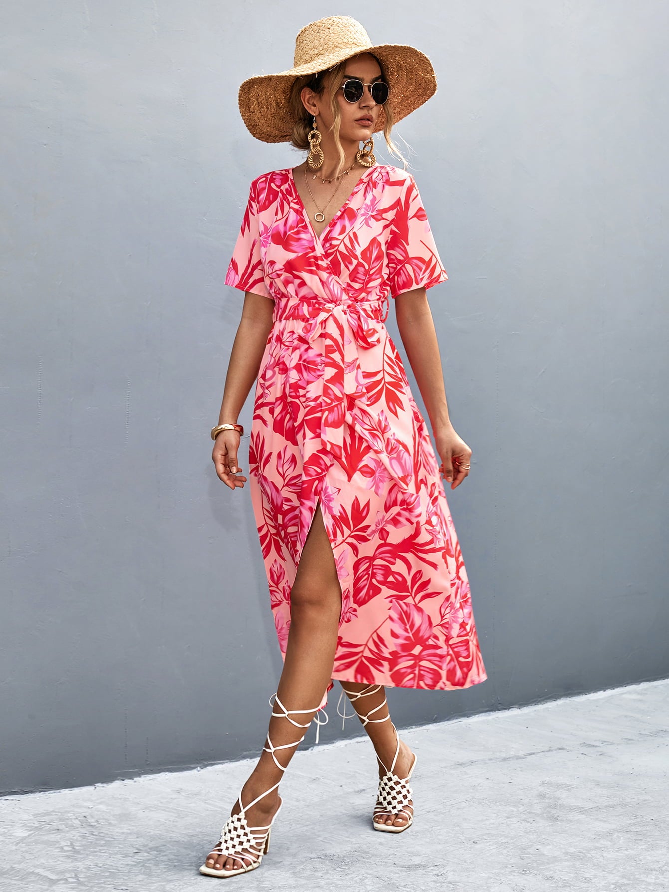 Floral Print High Slit Surplice Neck Tie Waist Midi Dress