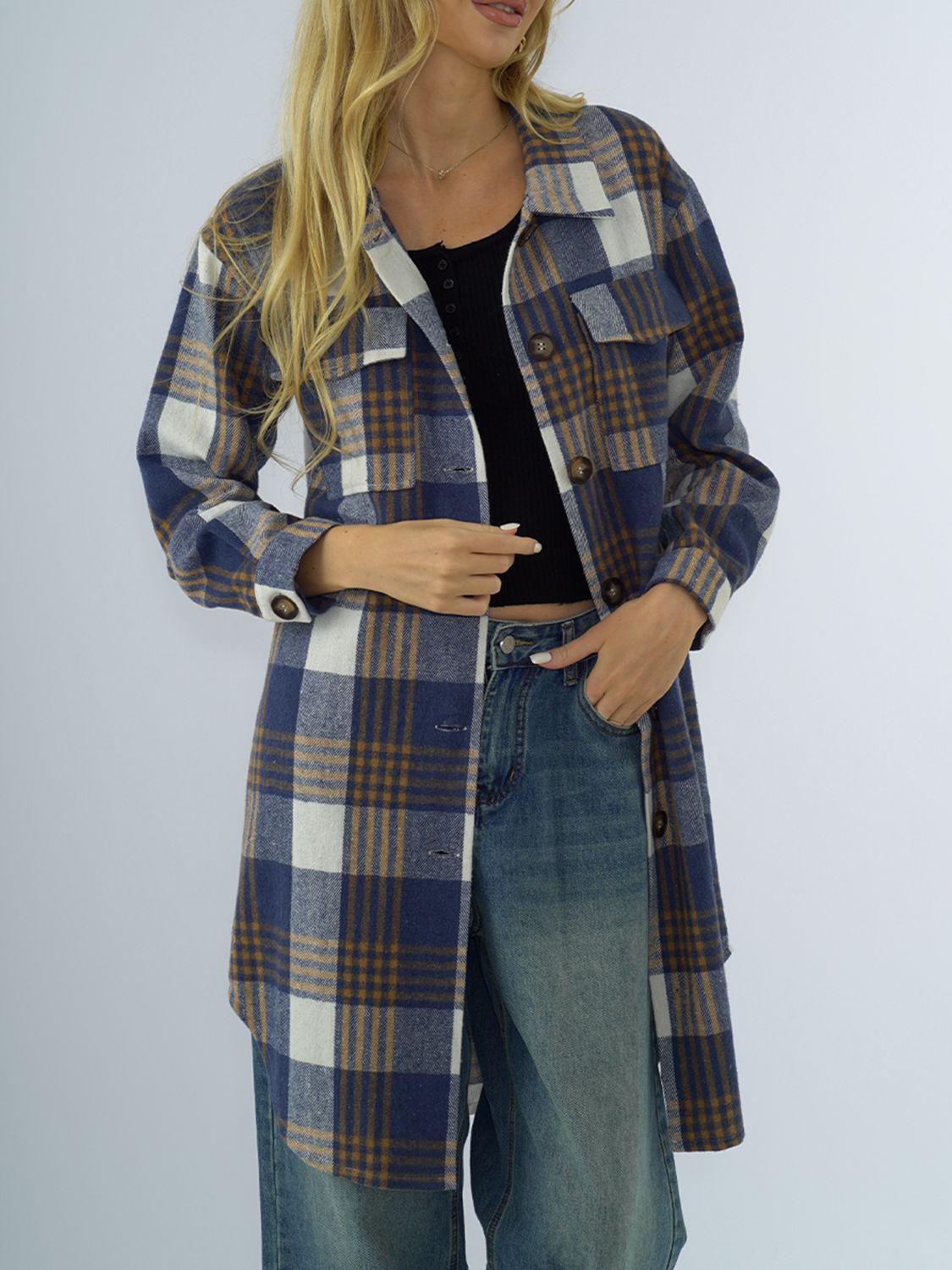 Plaid Collared Neck Long Sleeve Coat