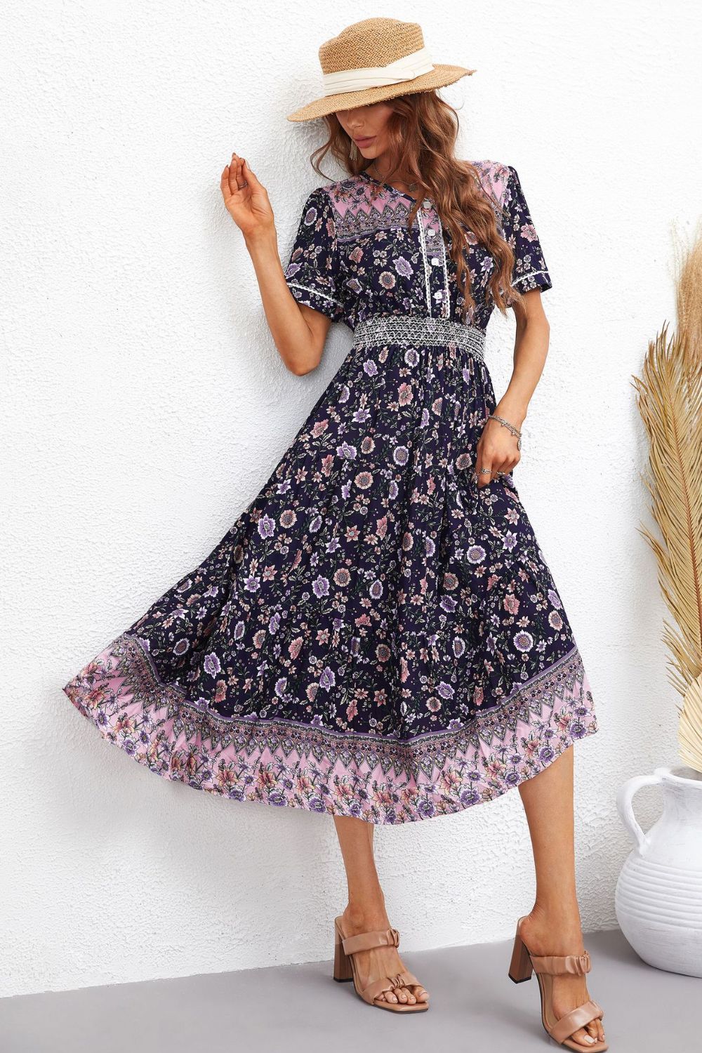 Bohemian V-Neck Short Sleeve Midi Dress