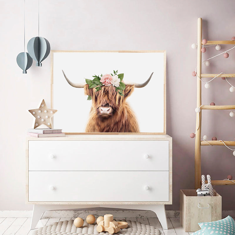 Highland Cows Canvas Painting Girl Art Nordic Poster