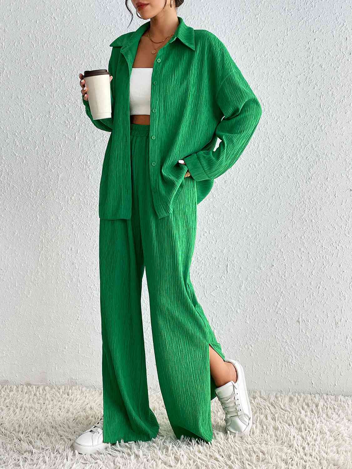 Collared Neck Shirt and Slit Pants Set