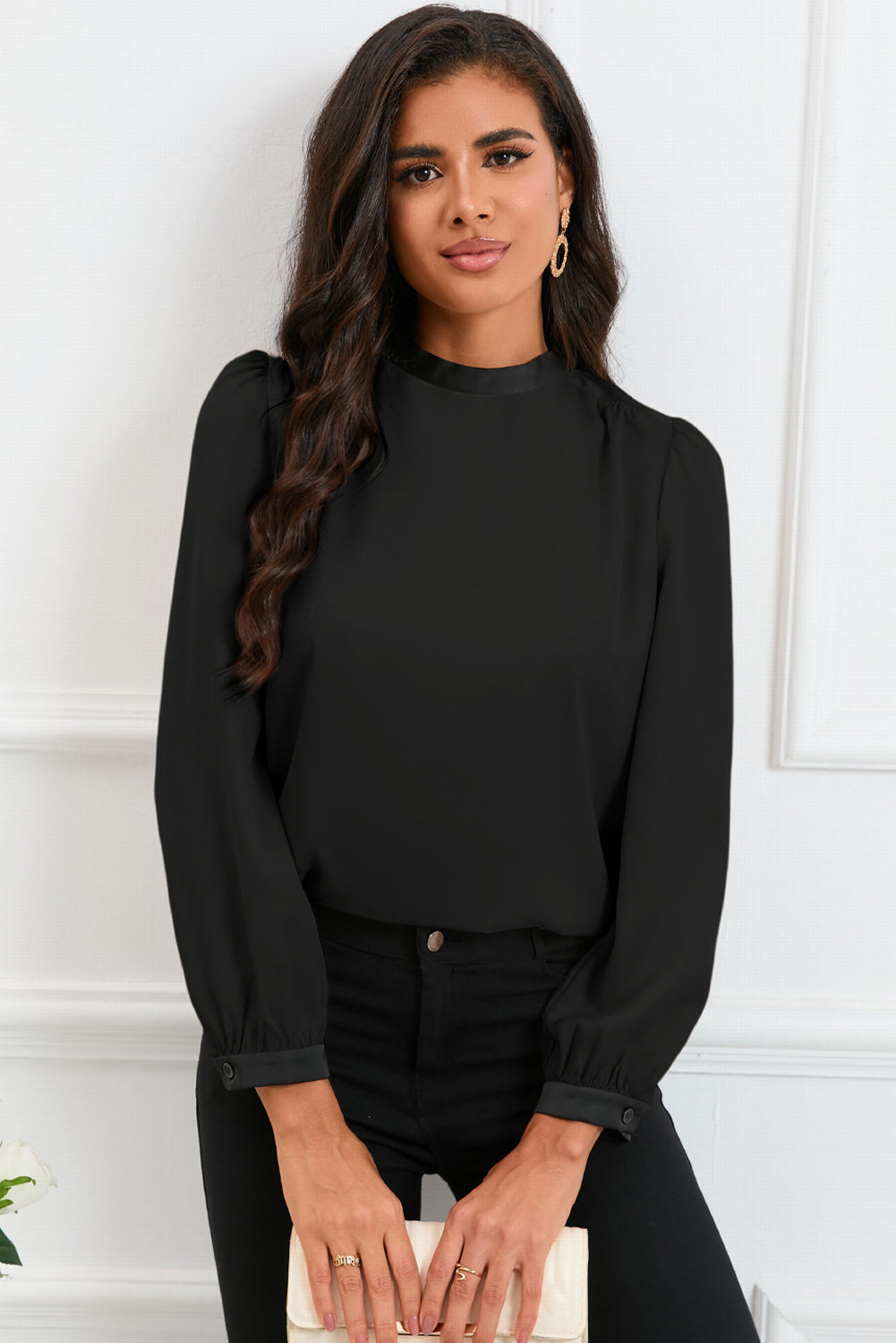 Round Neck Puff Sleeve Back Tie Blouse