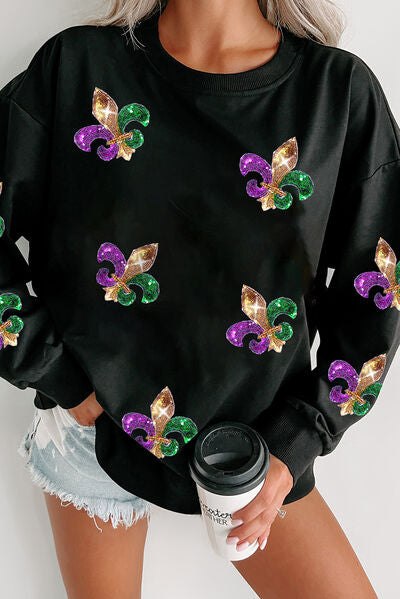 Sequin Round Neck Dropped Shoulder Sweatshirt