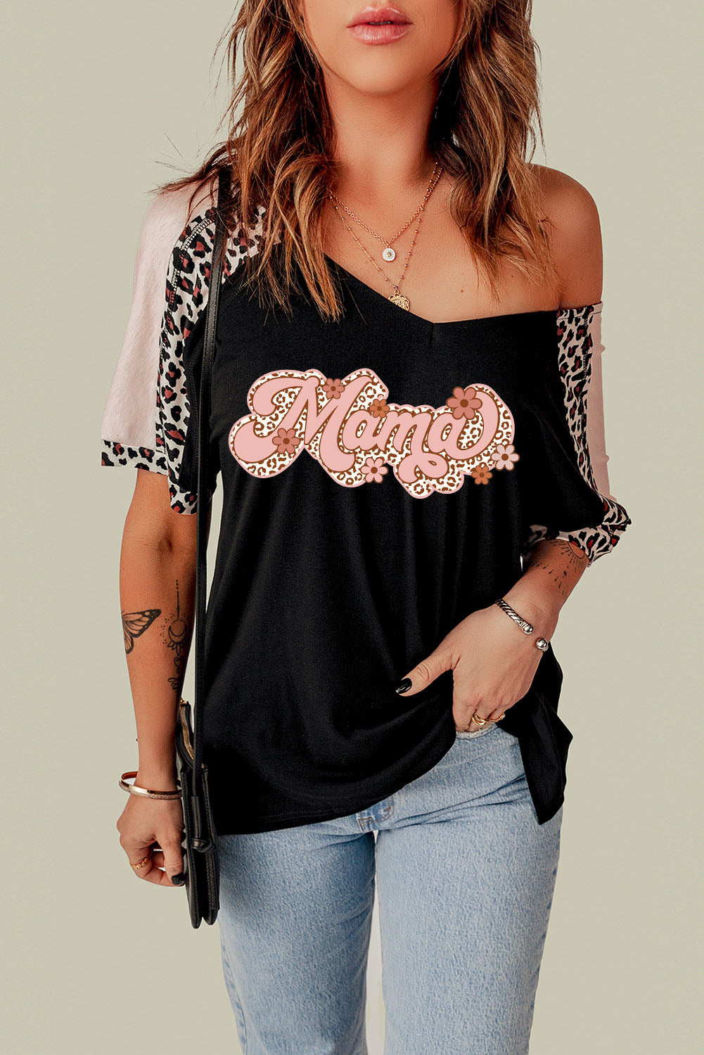 MAMA Graphic Leopard V-Neck Tee Shirt