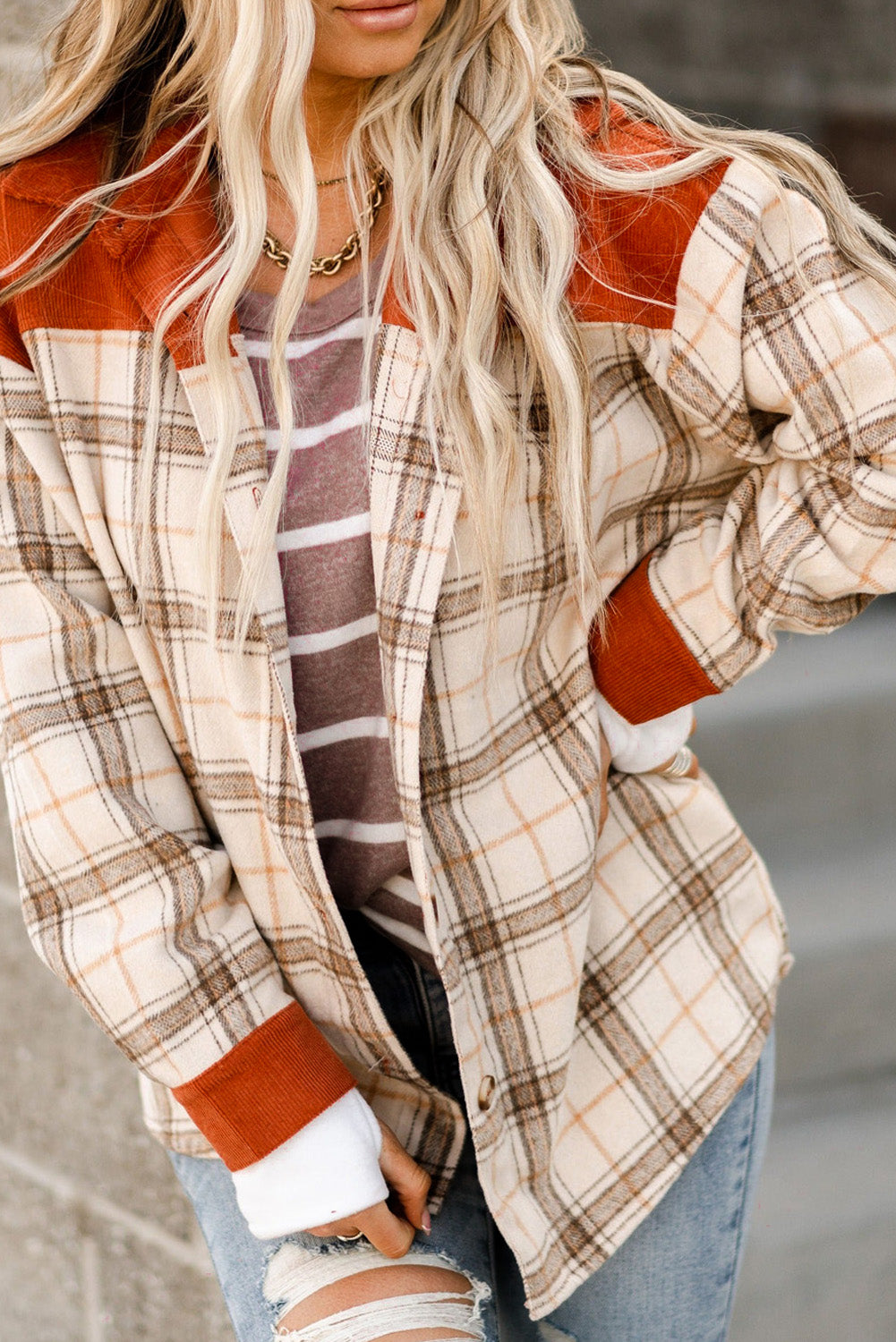 Double Take Plaid Contrast Corduroy Shacket