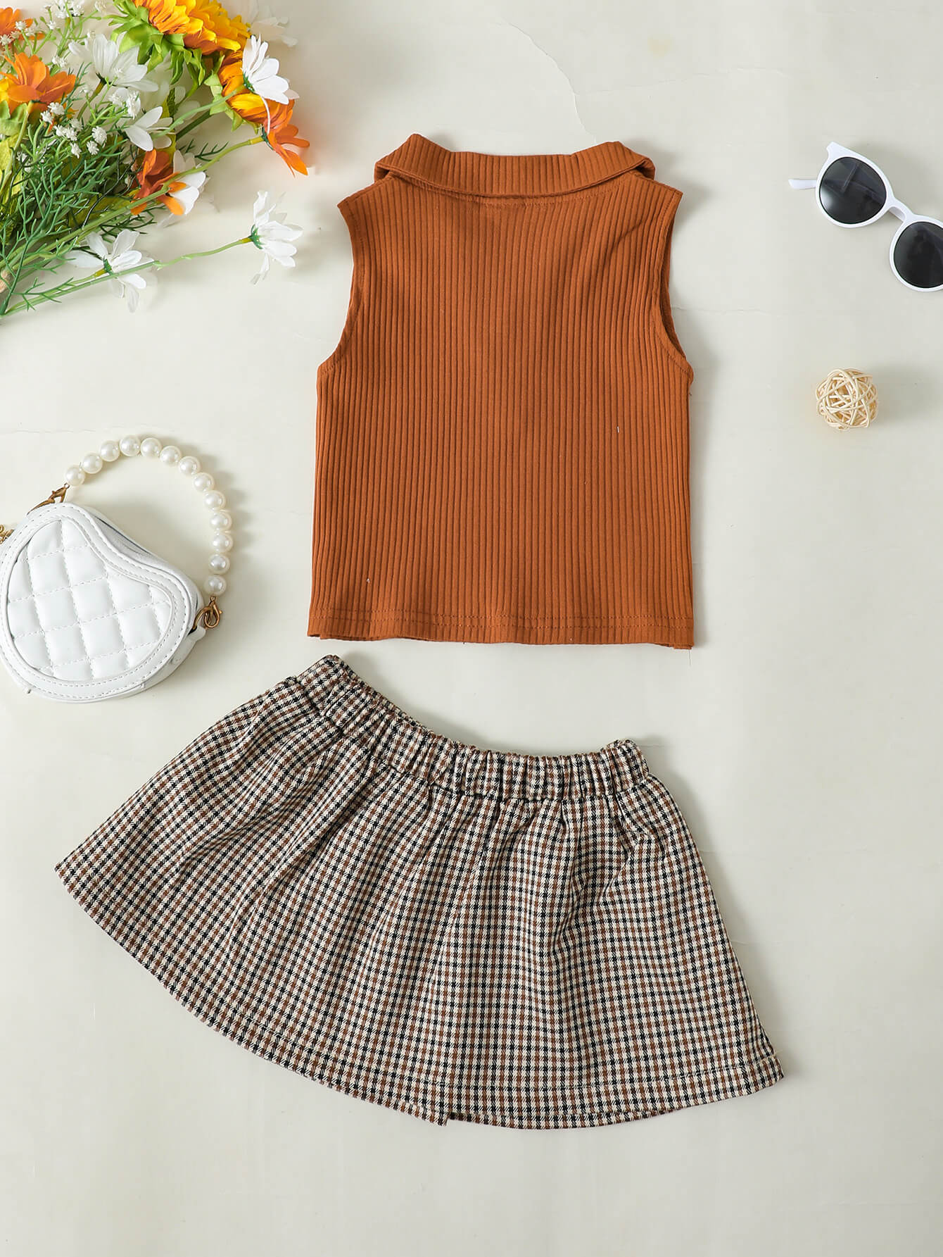 Girls Ribbed Sleeveless Top and Plaid Skirt Set