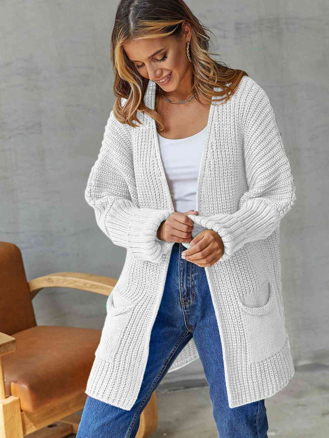 Open Front Long Sleeve Cardigan with Pockets