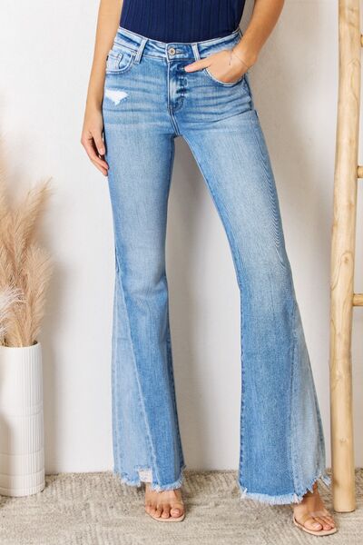 Kancan Mid Rise Raw Hem Flare Jeans