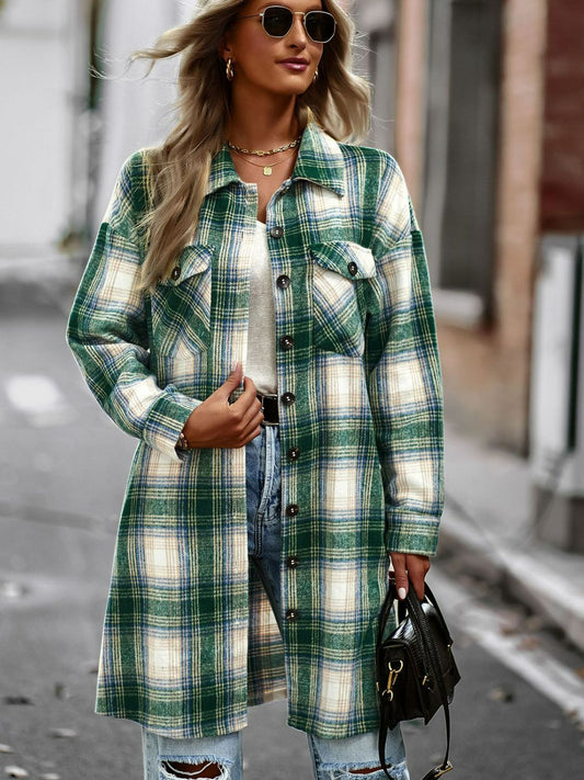 Plaid Button-Up Longline Jacket with Pockets