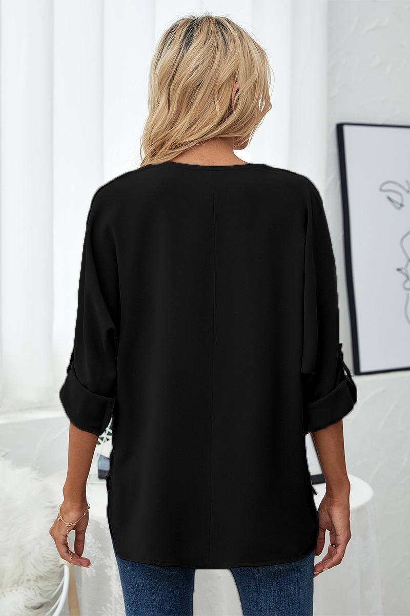 Roll-Tab Sleeve V-Neck Blouse