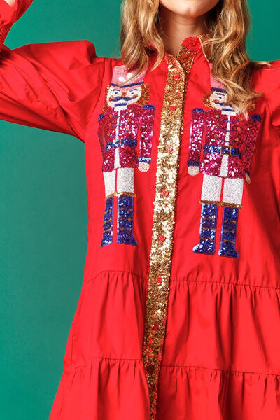 Full Size Nutcracker Sequin Lantern Sleeve Tiered Dress