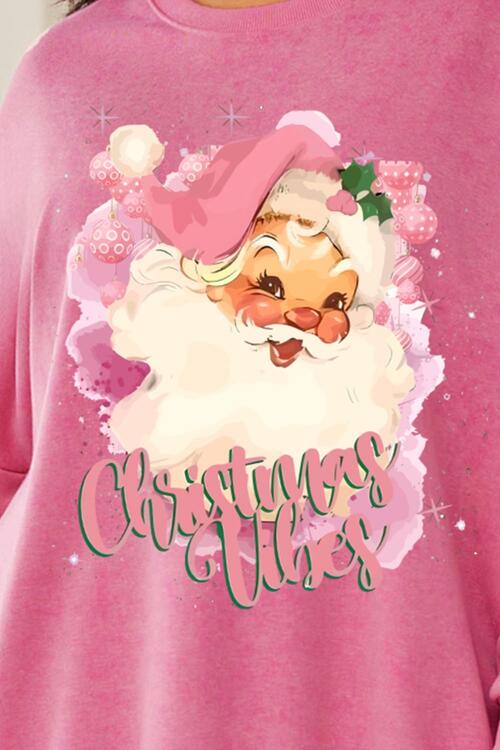 Plus Size Santa Graphic Round Neck Long Sleeve Slit Sweatshirt