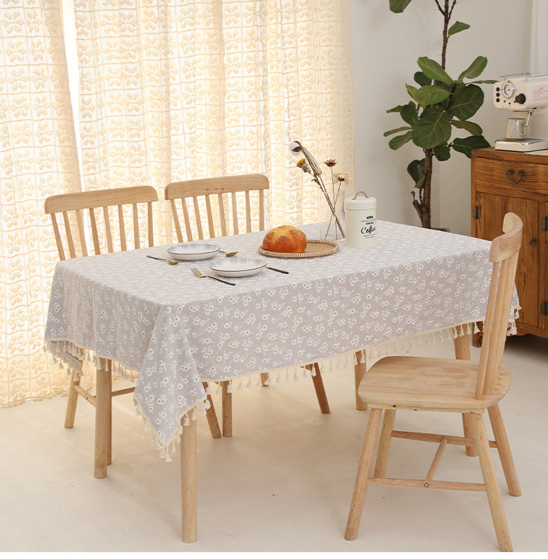 Cotton Linen Embroidery Daisy Tablecloth Decorative Macrame Table Cover Fashion Tassel Table Cloth